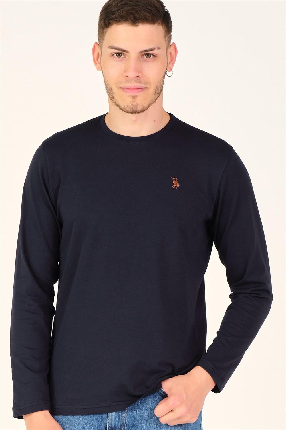 T8588 DEWBERRY BİSİKLET YAKA UZUN KOL T-SHIRT-GECE MAVİSİ