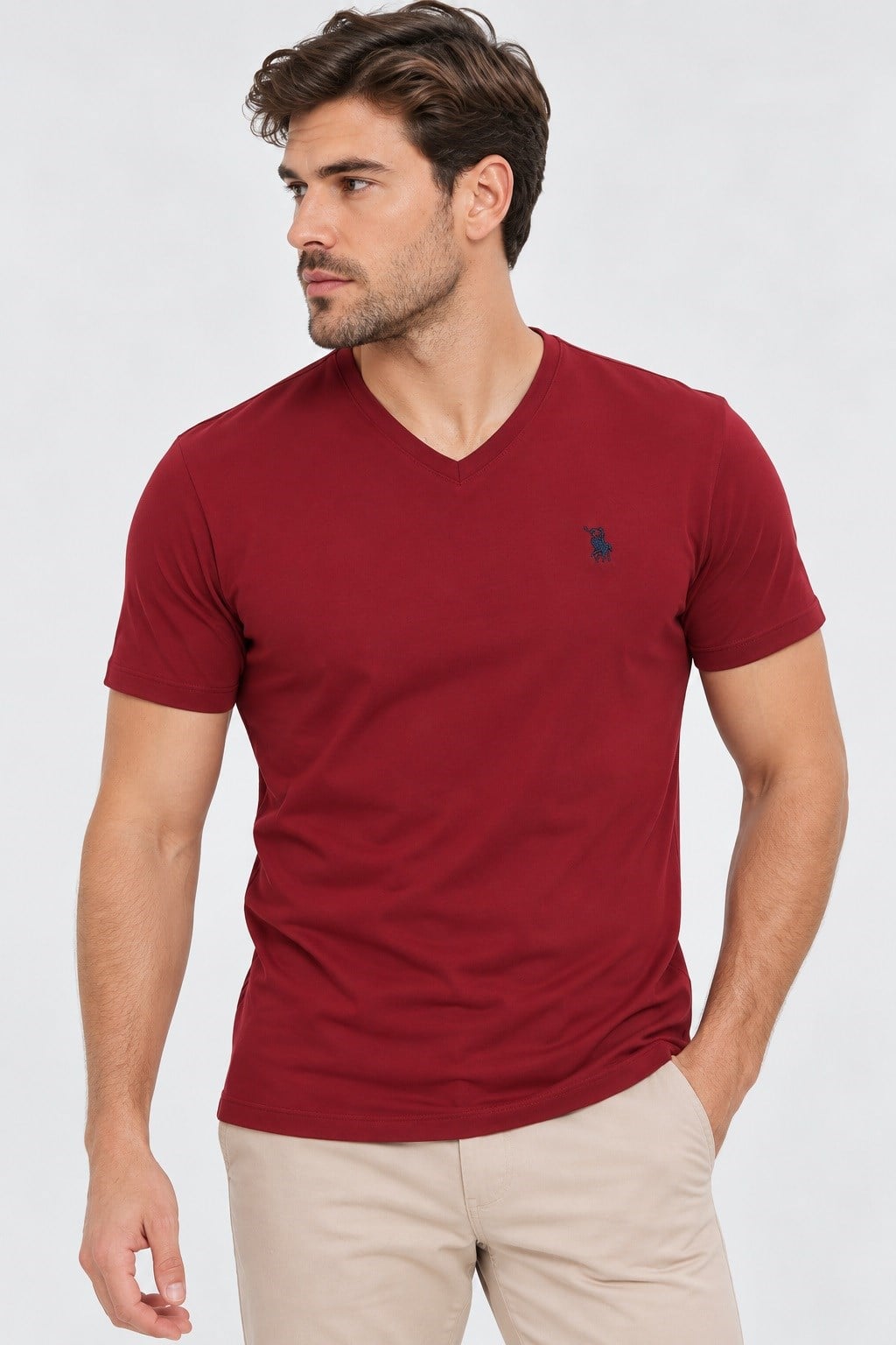 T9568 DEWBERRY V YAKA ERKEK T-SHIRT-BORDO-1