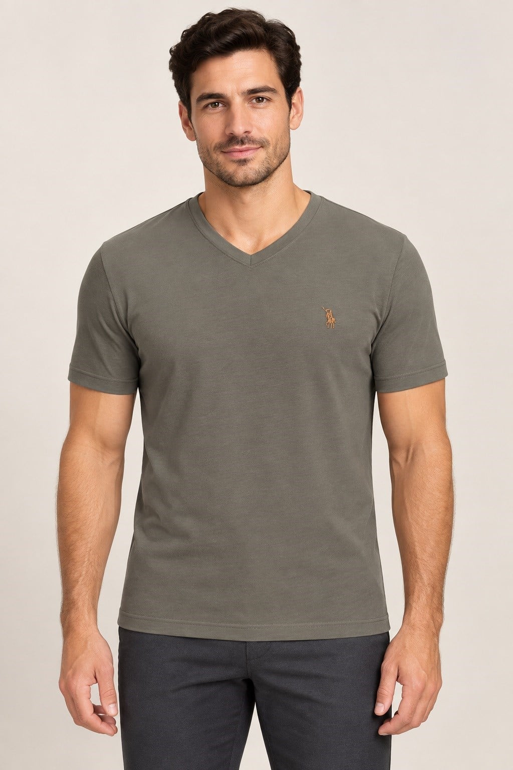 T9568 DEWBERRY V YAKA ERKEK T-SHIRT-HAKİ-1