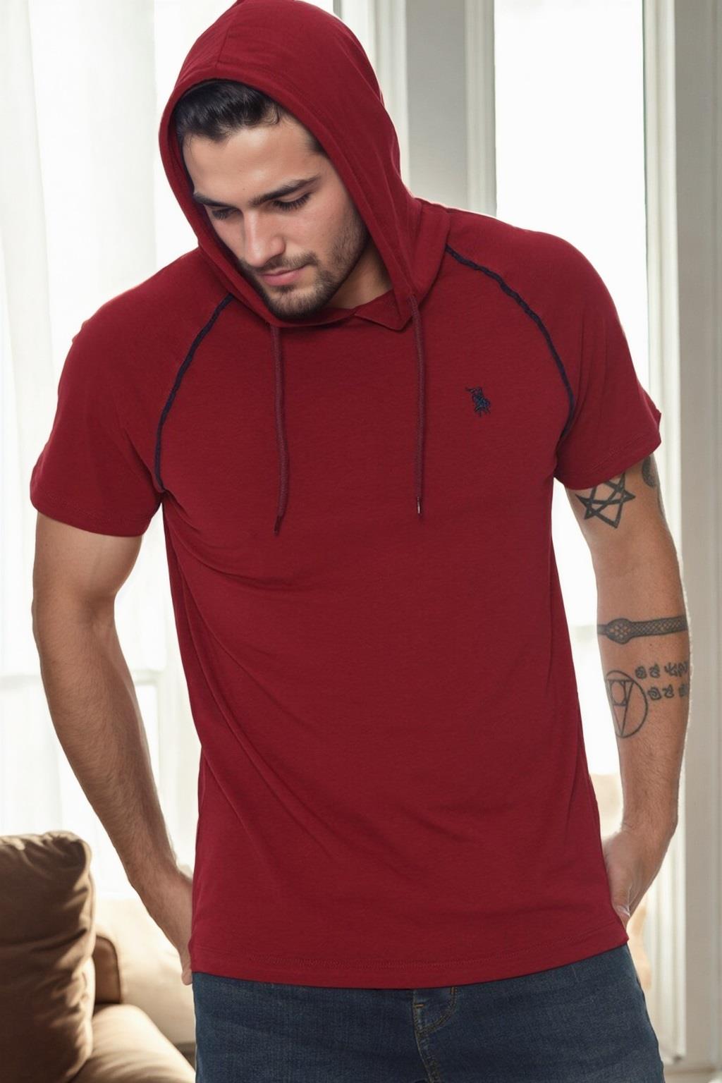 T9570 DEWBERRY KAPŞONLU ERKEK T-SHIRT-BORDO