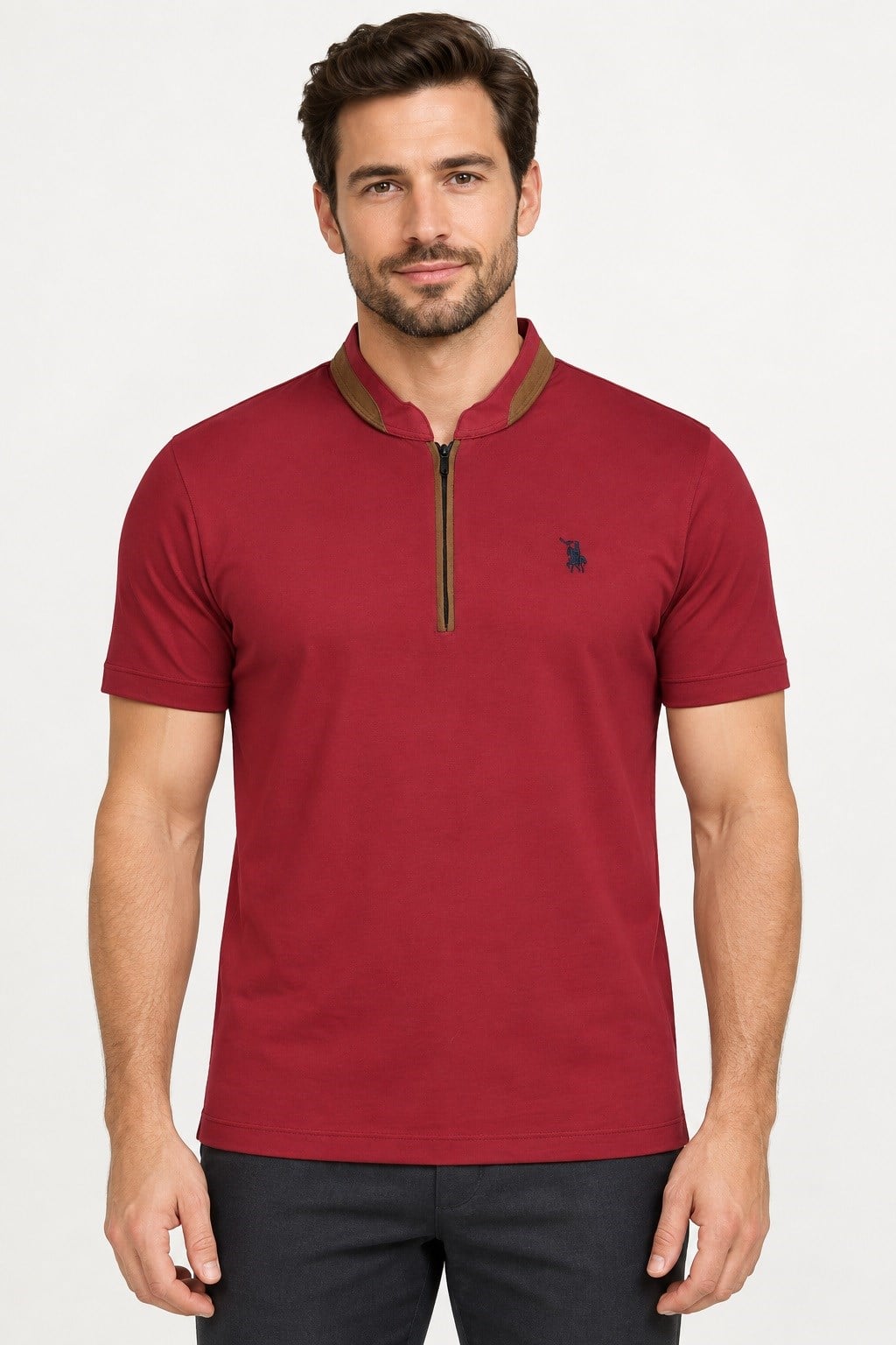 T9571 DEWBERRY FERMUARLI ERKEK T-SHIRT-BORDO-1