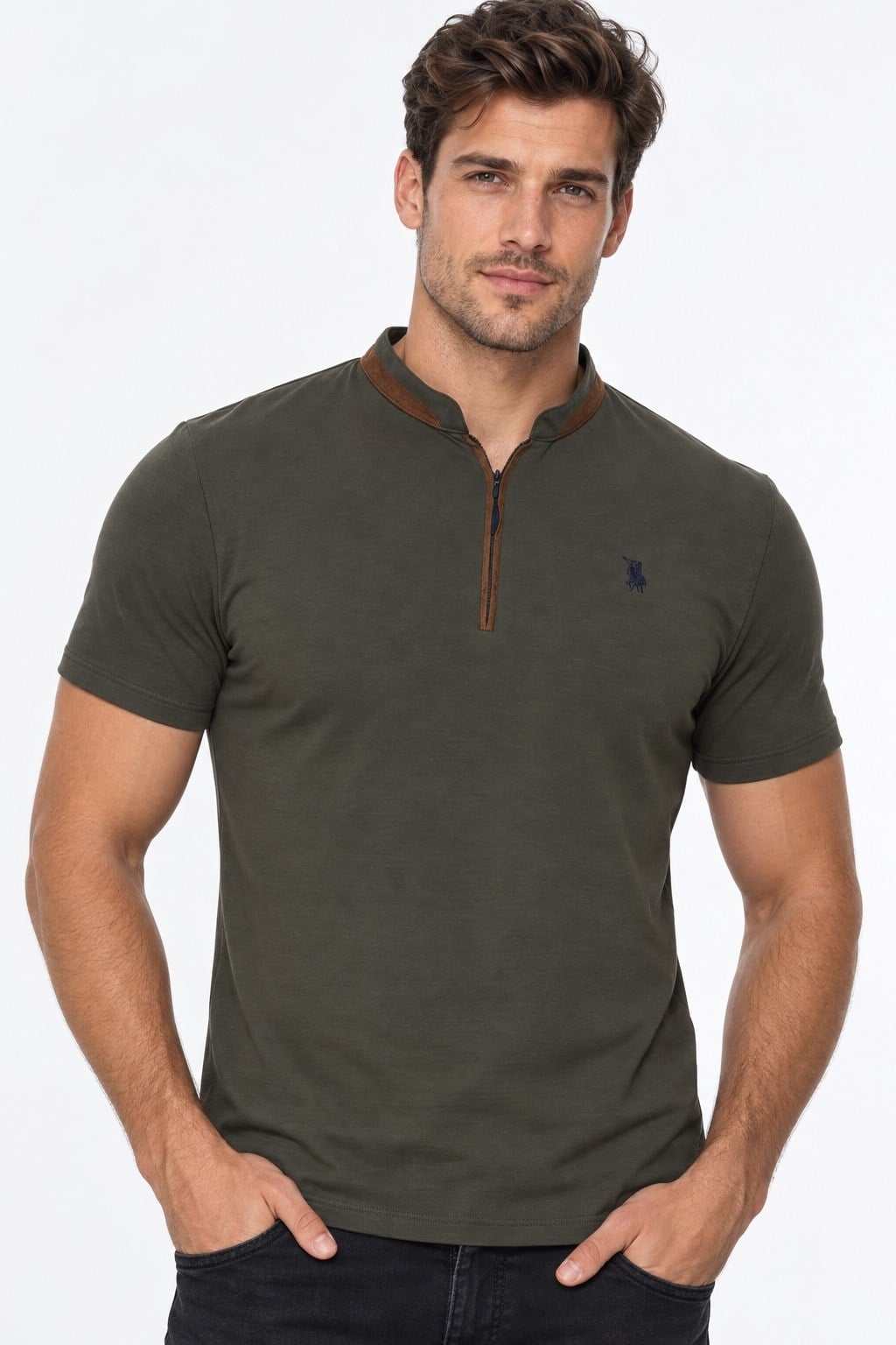 T9571 DEWBERRY FERMUARLI ERKEK T-SHIRT-HAKİ-1