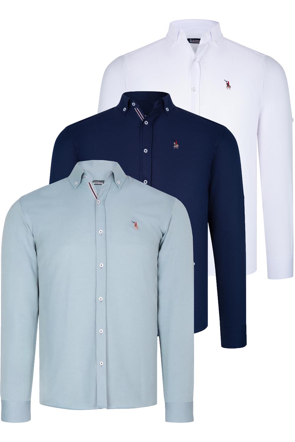 ÜÇLÜ SET G674 DEWBERRY ERKEK GÖMLEK-LACİVERT-BEYAZ-SU YEŞİLİ