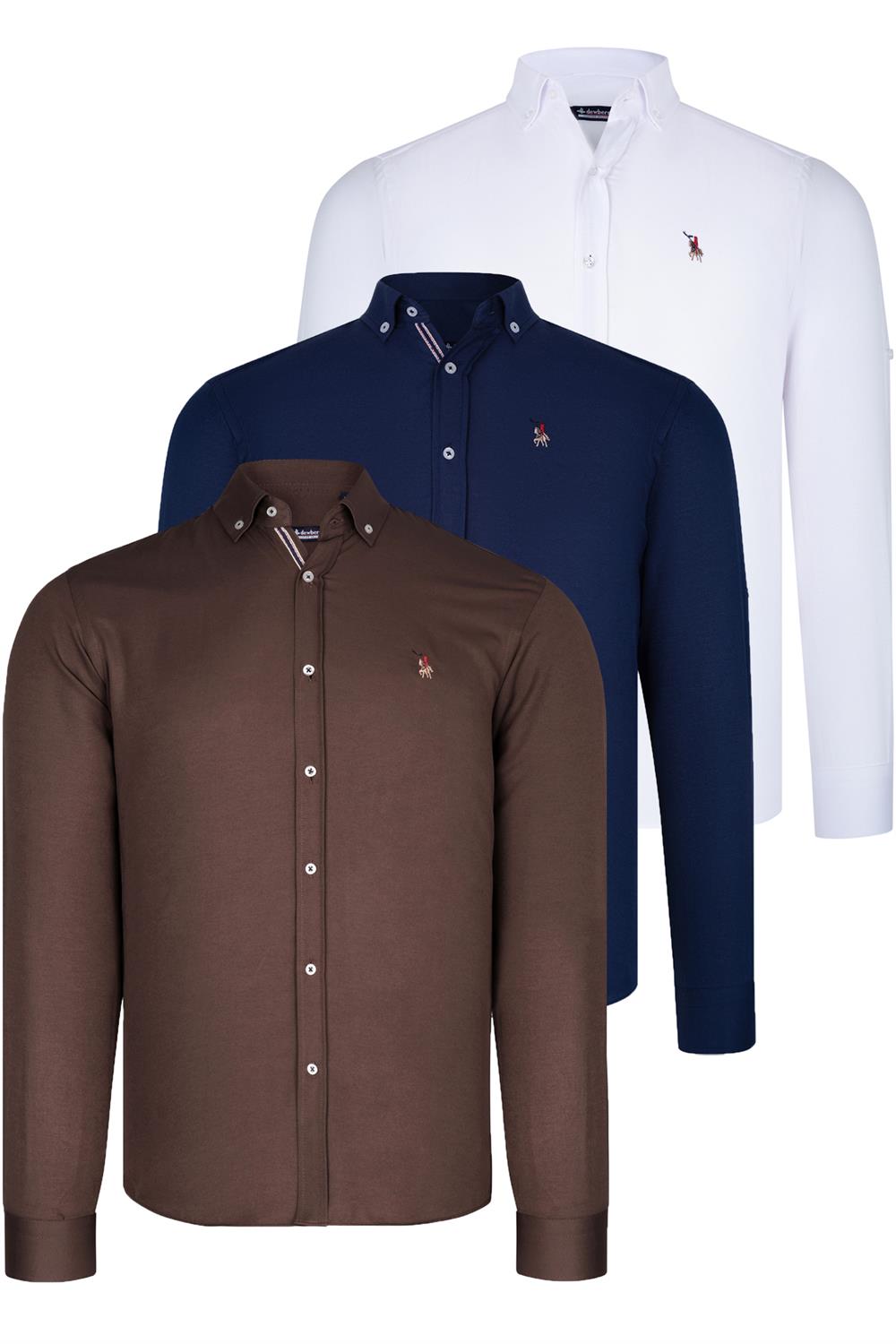 ÜÇLÜ SET G674 DEWBERRY ERKEK GÖMLEK-LACİVERT-BEYAZ-TOPRAK