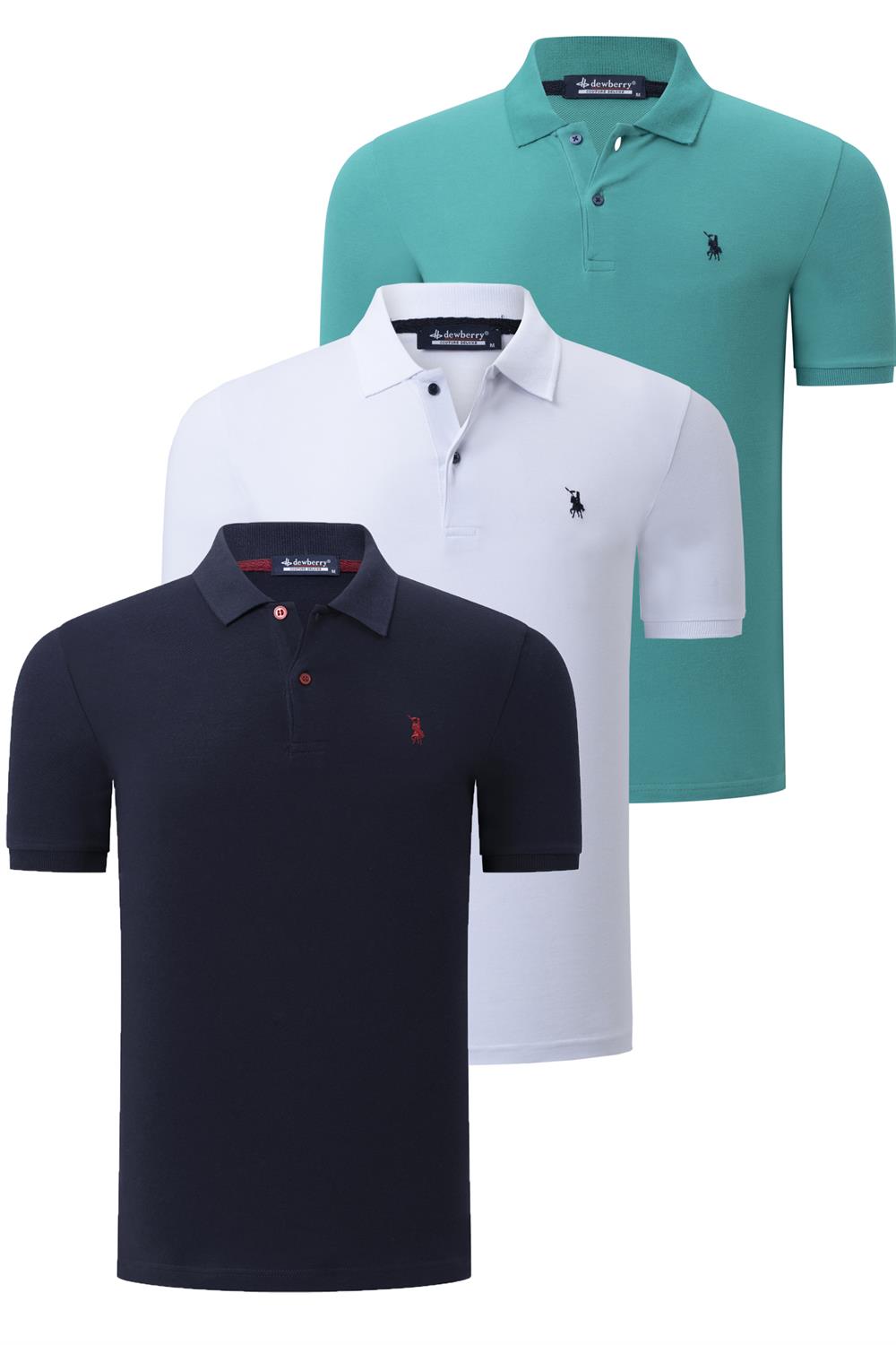 ÜÇLÜ SET T8561 DEWBERRY ERKEK T-SHIRT-LACİVERT-BEYAZ-AÇIK YEŞİL