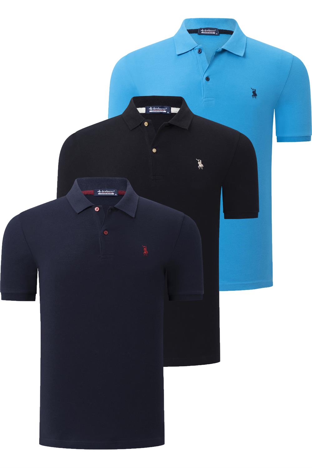ÜÇLÜ SET T8561 DEWBERRY ERKEK T-SHIRT-SİYAH-LACİVERT-MAVİ