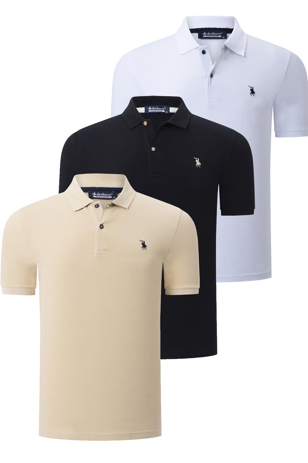 ÜÇLÜ SET T8561 DEWBERRY ERKEK T-SHIRT-SİYAH-BEYAZ-BEJ