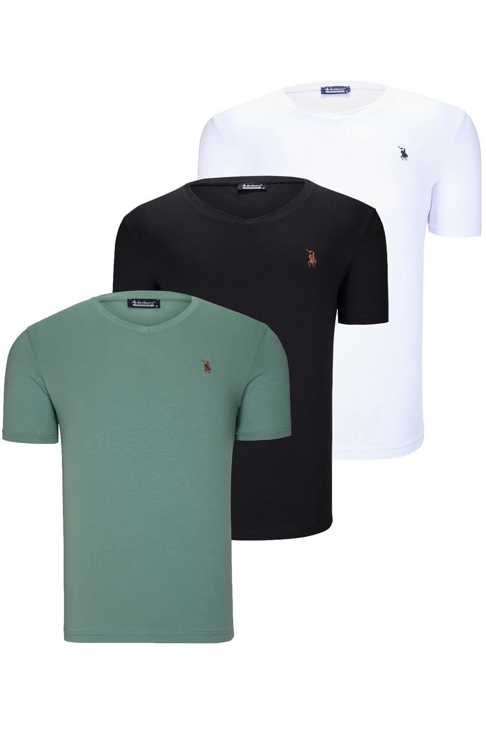 ÜÇLÜ SET T8568 DEWBERRY V YAKA ERKEK T-SHIRT-KOYU SİYAH-KAR BEYAZ-AÇIK YEŞİL