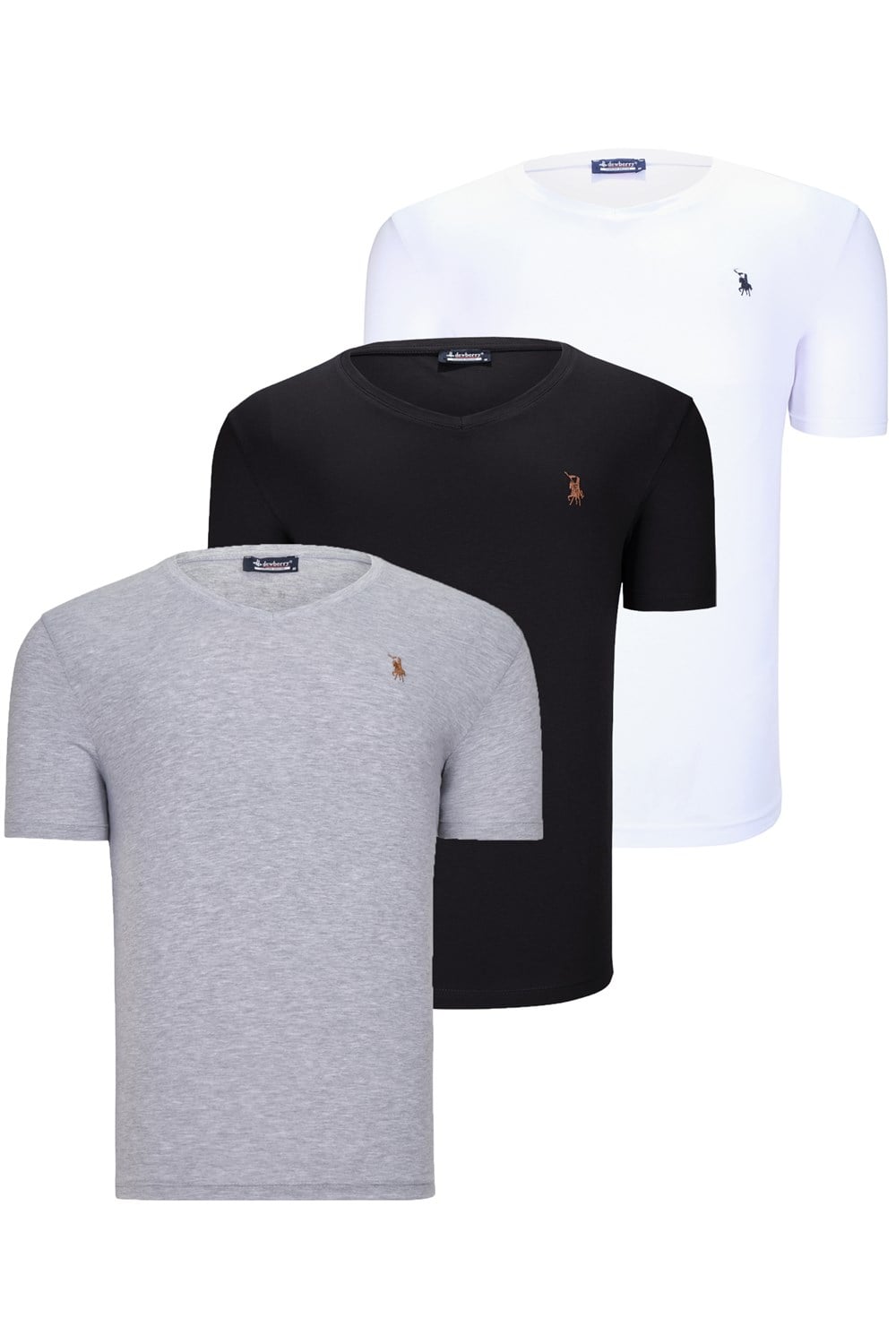 ÜÇLÜ SET T8568 DEWBERRY V YAKA ERKEK T-SHIRT-KOYU SİYAH-KAR BEYAZ-AÇIK GRİ
