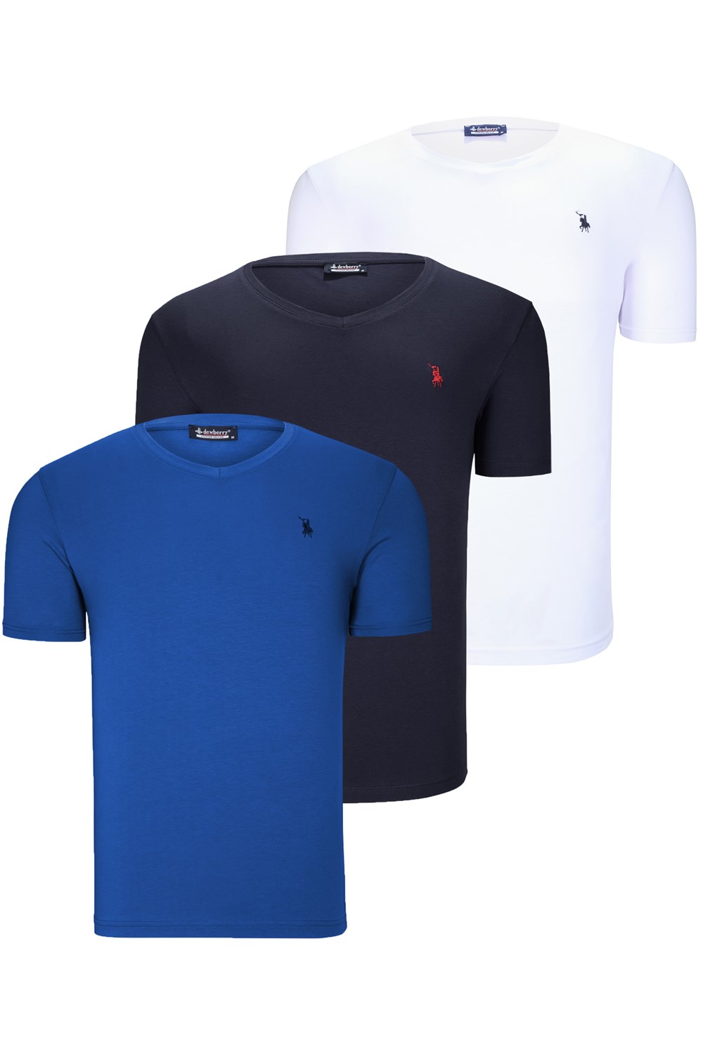 ÜÇLÜ SET T8568 DEWBERRY V YAKA ERKEK T-SHIRT-KOYU LACİVERT-KAR BEYAZ-AÇIK SAKS