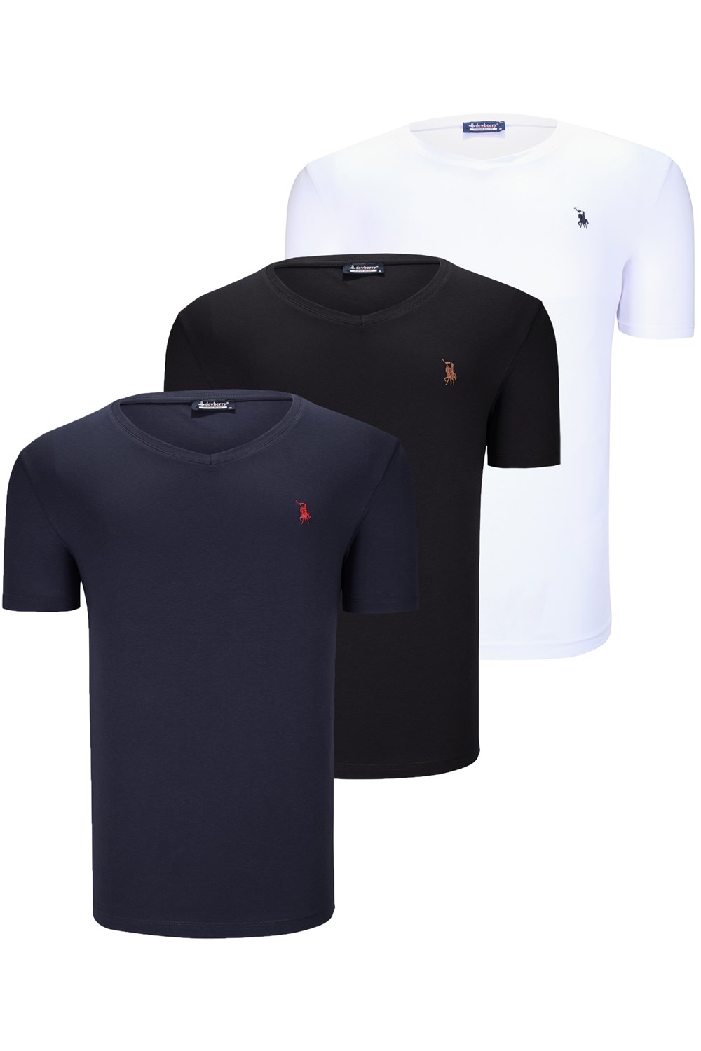 ÜÇLÜ SET T8568 DEWBERRY V YAKA ERKEK T-SHIRT-KOYU SİYAH-KAR BEYAZ-KOYU LACİVERT