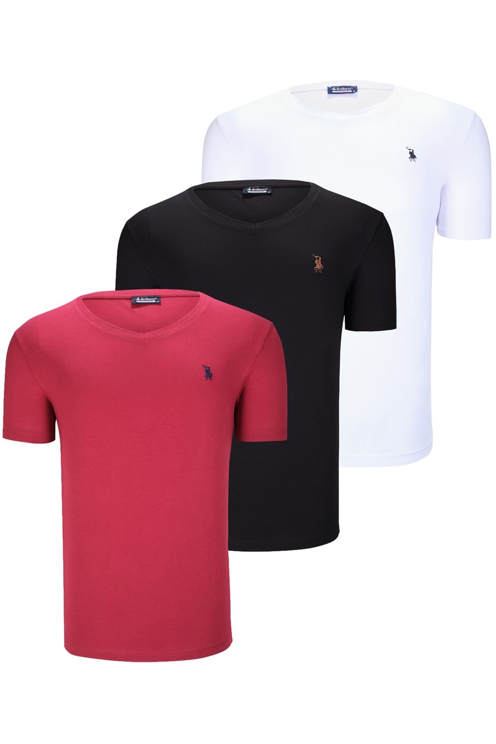 ÜÇLÜ SET T8568 DEWBERRY V YAKA ERKEK T-SHIRT-KOYU SİYAH-KAR BEYAZ-AÇIK BORDO