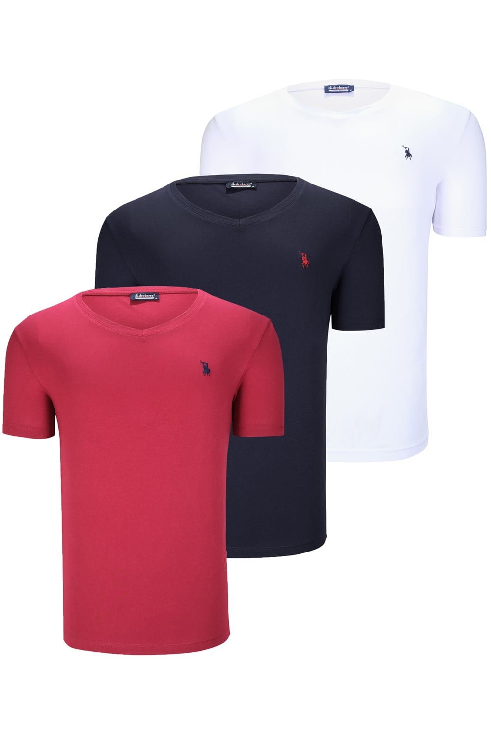 ÜÇLÜ SET T8568 DEWBERRY V YAKA ERKEK T-SHIRT-KOYU LACİVERT-KAR BEYAZ-AÇIK BORDO