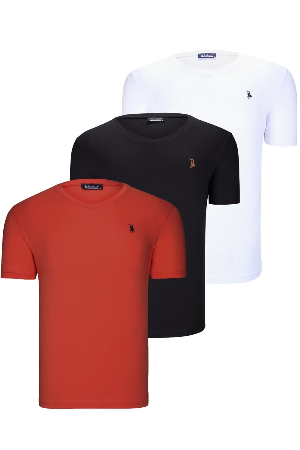 ÜÇLÜ SET T8568 DEWBERRY V YAKA ERKEK T-SHIRT-KOYU SİYAH-KAR BEYAZ-AÇIK KİREMİT