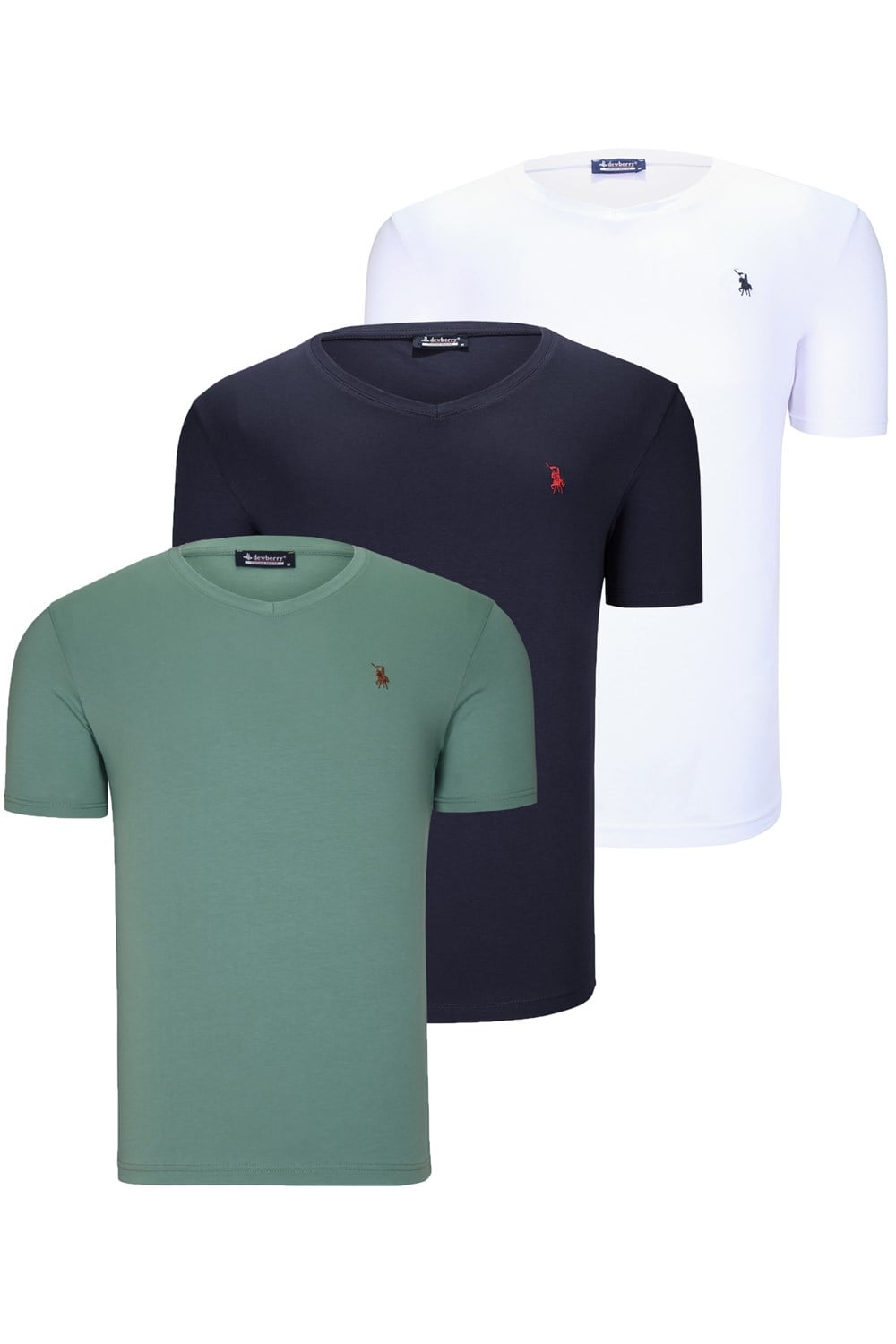 ÜÇLÜ SET T8568 DEWBERRY V YAKA ERKEK T-SHIRT-KOYU LACİVERT-KAR BEYAZ-AÇIK YEŞİL