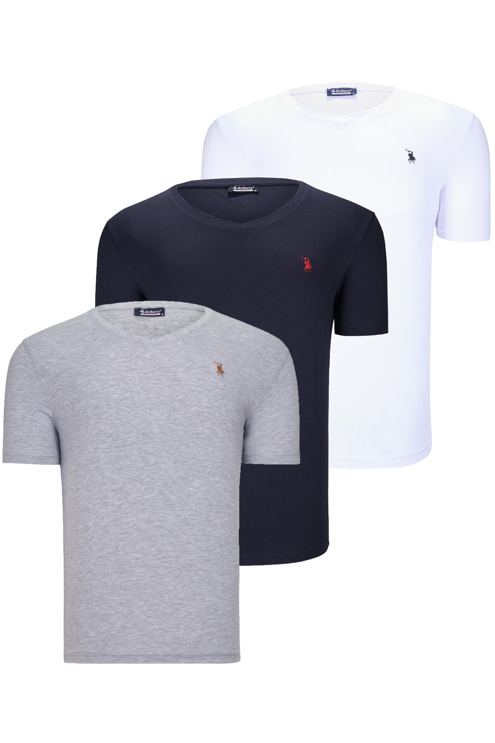 ÜÇLÜ SET T8568 DEWBERRY V YAKA ERKEK T-SHIRT-KOYU LACİVERT-KAR BEYAZ-AÇIK GRİ