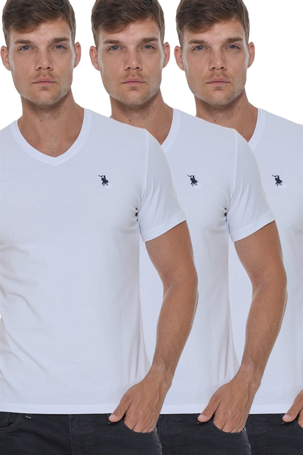 ÜÇLÜ SET T8568 DEWBERRY V YAKA ERKEK T-SHIRT-BEYAZ-BEYAZ-BEYAZ