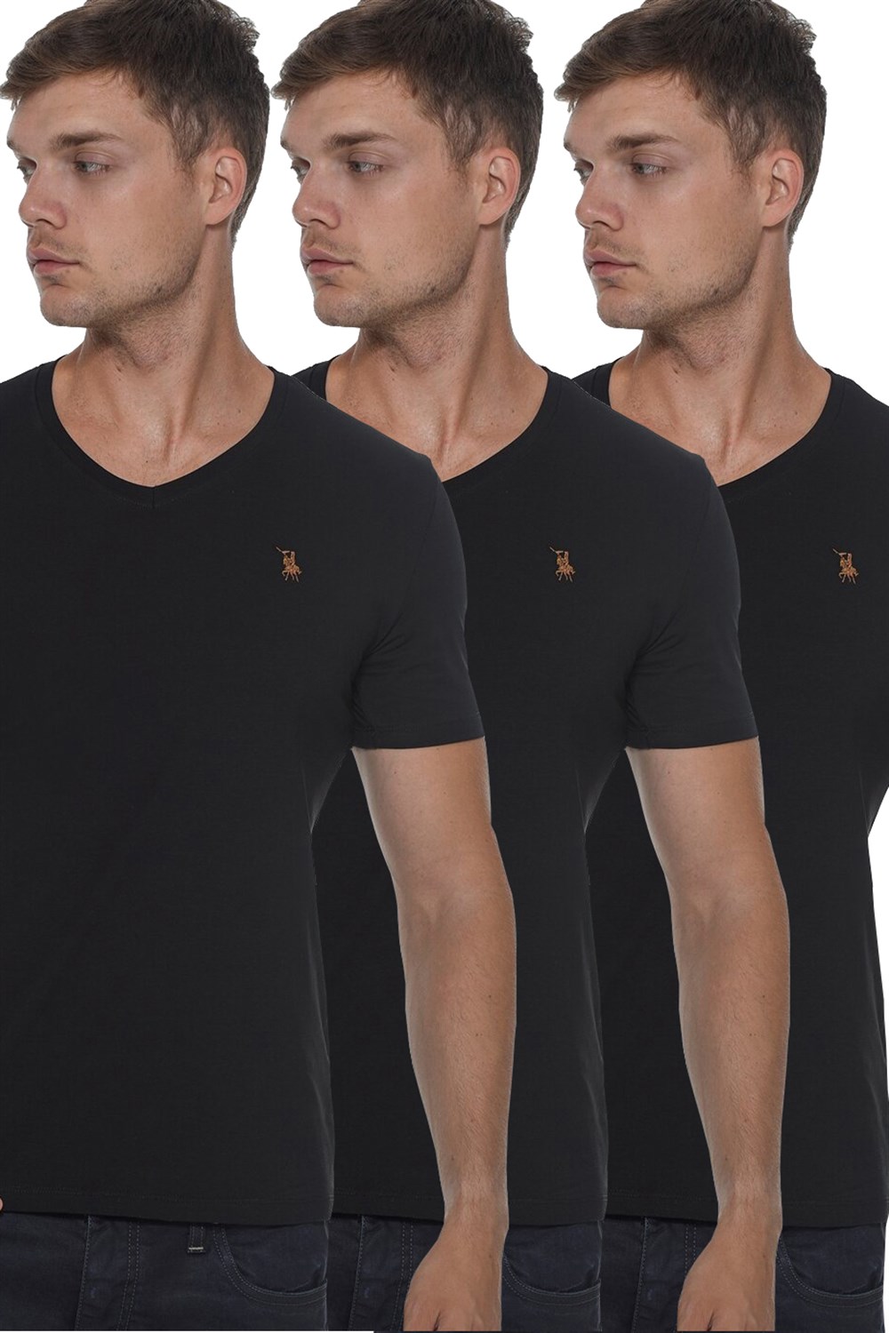 ÜÇLÜ SET T8568 DEWBERRY V YAKA ERKEK T-SHIRT-SİYAH-SİYAH-SİYAH