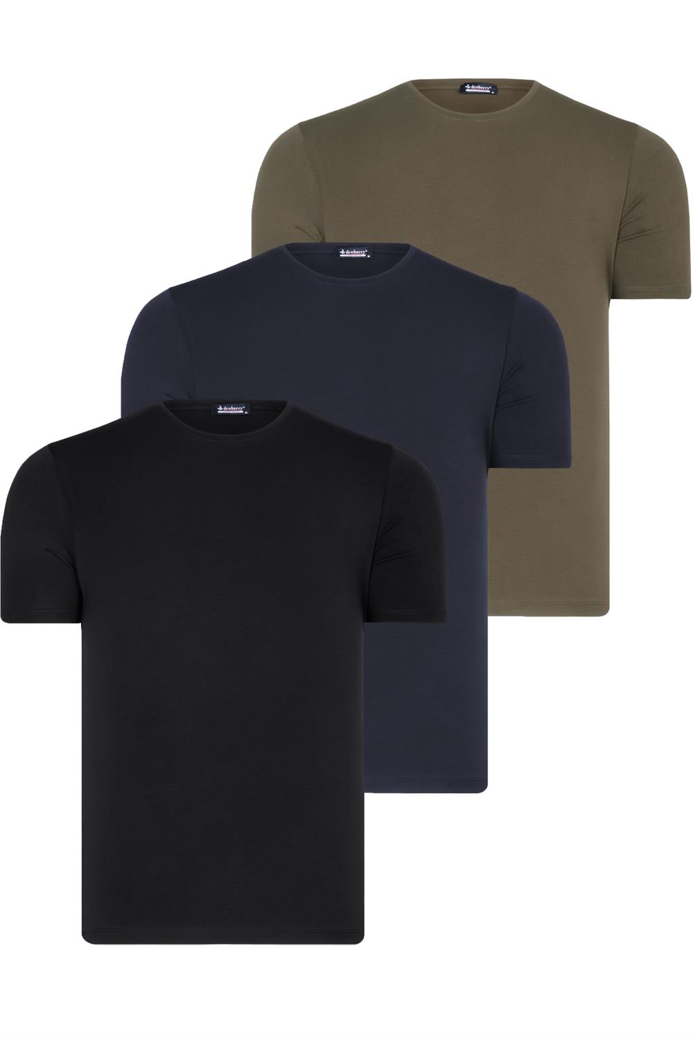 ÜÇLÜ SET T8569 DEWBERRY BİSİKLET YAKA ERKEK T-SHIRT-SİYAH-LACİVERT-HAKİ