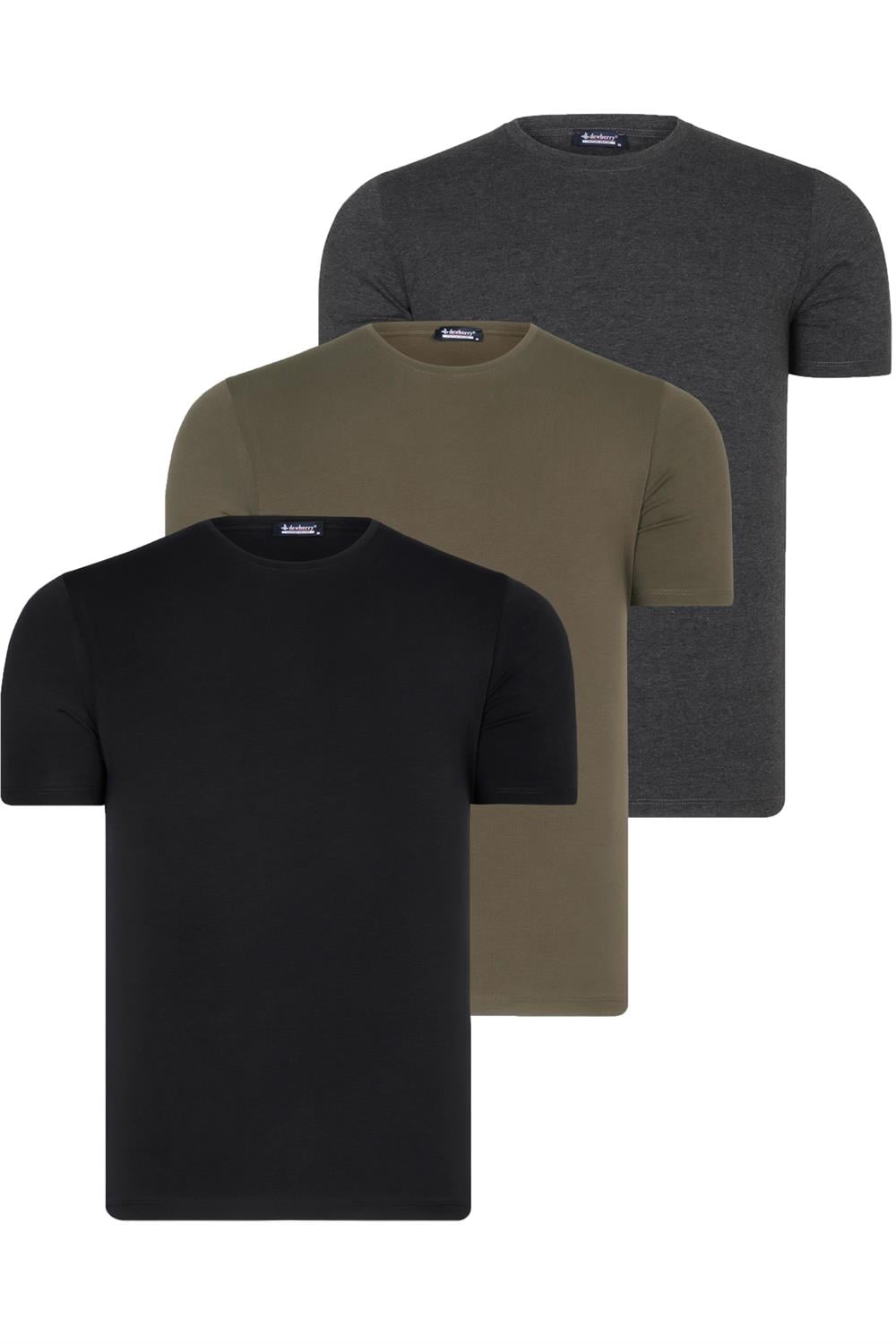 ÜÇLÜ SET T8569 DEWBERRY BİSİKLET YAKA ERKEK T-SHIRT-SİYAH-ANTRASİT-HAKİ