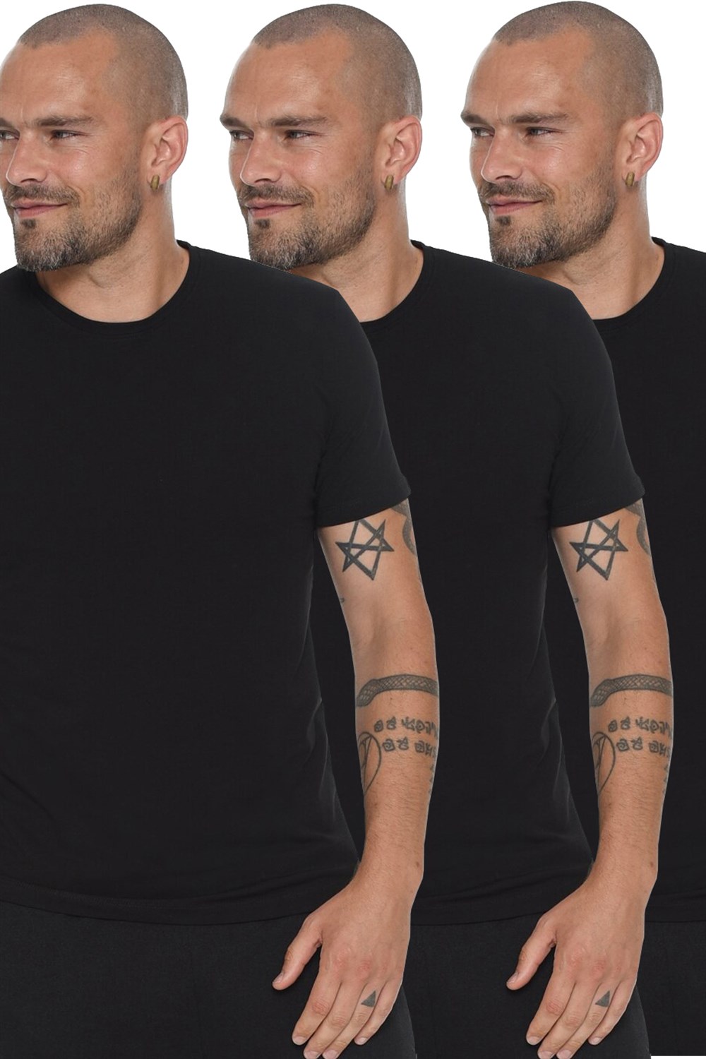 ÜÇLÜ SET T8569 DEWBERRY BİSİKLET YAKA ERKEK T-SHIRT-SİYAH-SİYAH-SİYAH