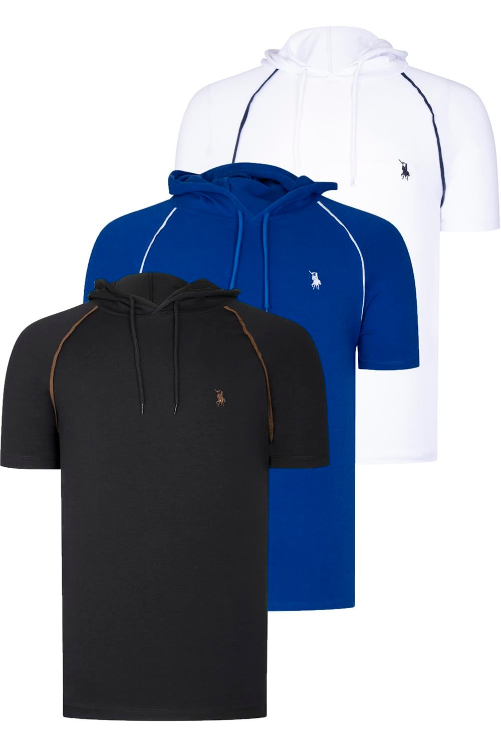 ÜÇLÜ SET T8570 DEWBERRY KAPŞONLU ERKEK T-SHIRT-SİYAH-BEYAZ-SAKS
