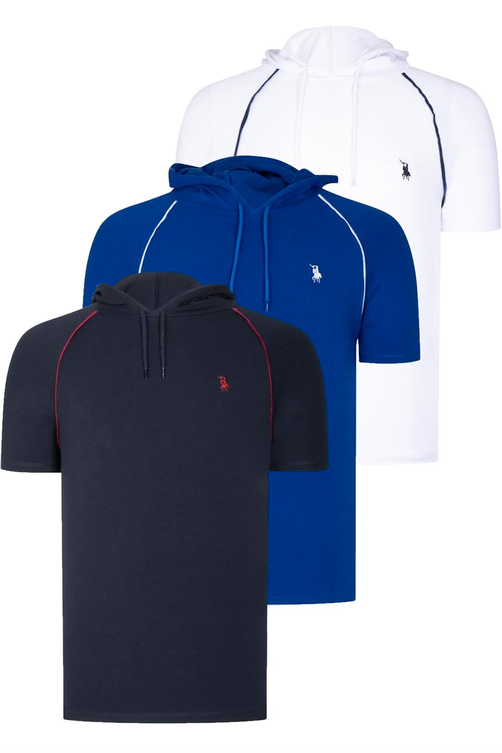 ÜÇLÜ SET T8570 DEWBERRY KAPŞONLU ERKEK T-SHIRT-LACİVERT-BEYAZ-SAKS
