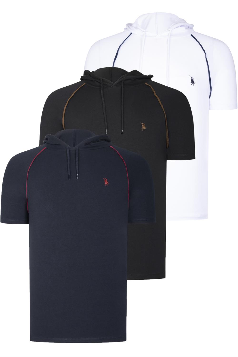 ÜÇLÜ SET T8570 DEWBERRY KAPŞONLU ERKEK T-SHIRT-LACİVERT-BEYAZ-SİYAH