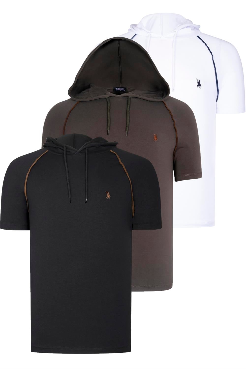 ÜÇLÜ SET T8570 DEWBERRY KAPŞONLU ERKEK T-SHIRT-SİYAH-BEYAZ-HAKİ