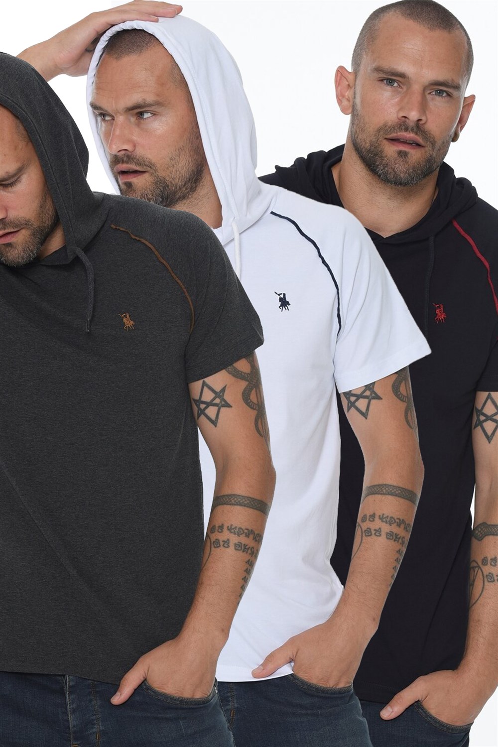 ÜÇLÜ SET T8570 DEWBERRY KAPŞONLU ERKEK T-SHIRT-ANTRASİT-BEYAZ-LACİVERT