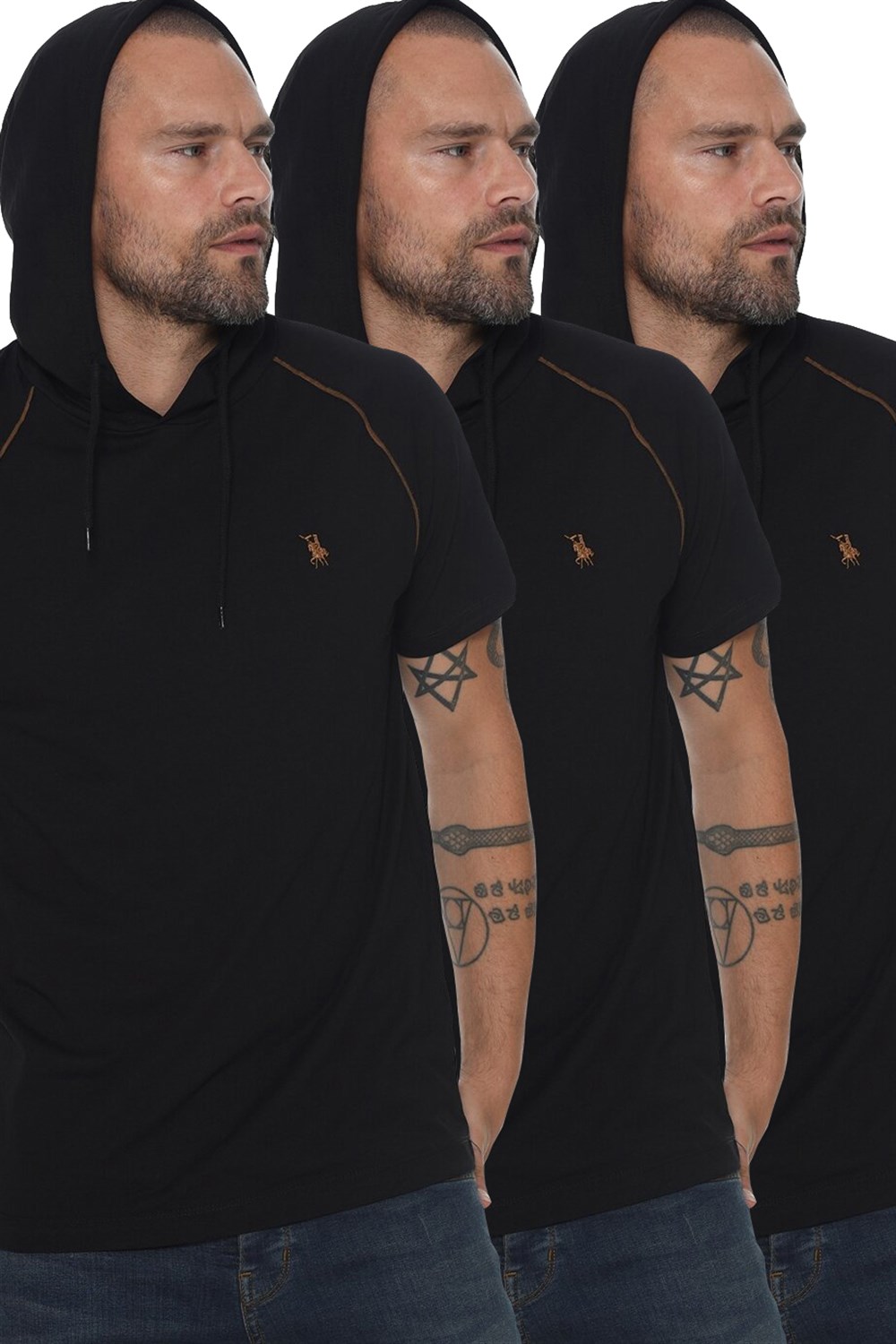ÜÇLÜ SET T8570 DEWBERRY KAPŞONLU ERKEK T-SHIRT-SİYAH-SİYAH-SİYAH