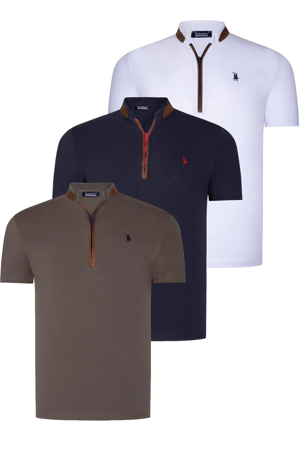ÜÇLÜ SET T8571 DEWBERRY FERMUARLI ERKEK T-SHIRT-LACİVERT-BEYAZ-HAKİ