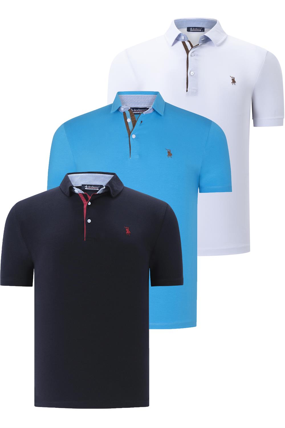 ÜÇLÜ SET T8582 DEWBERRY ERKEK T-SHIRT-LACİVERT-BEYAZ-KOYU TURKUAZ