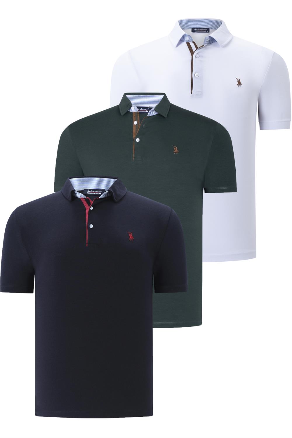 ÜÇLÜ SET T8582 DEWBERRY ERKEK T-SHIRT-LACİVERT-BEYAZ-YEŞİL