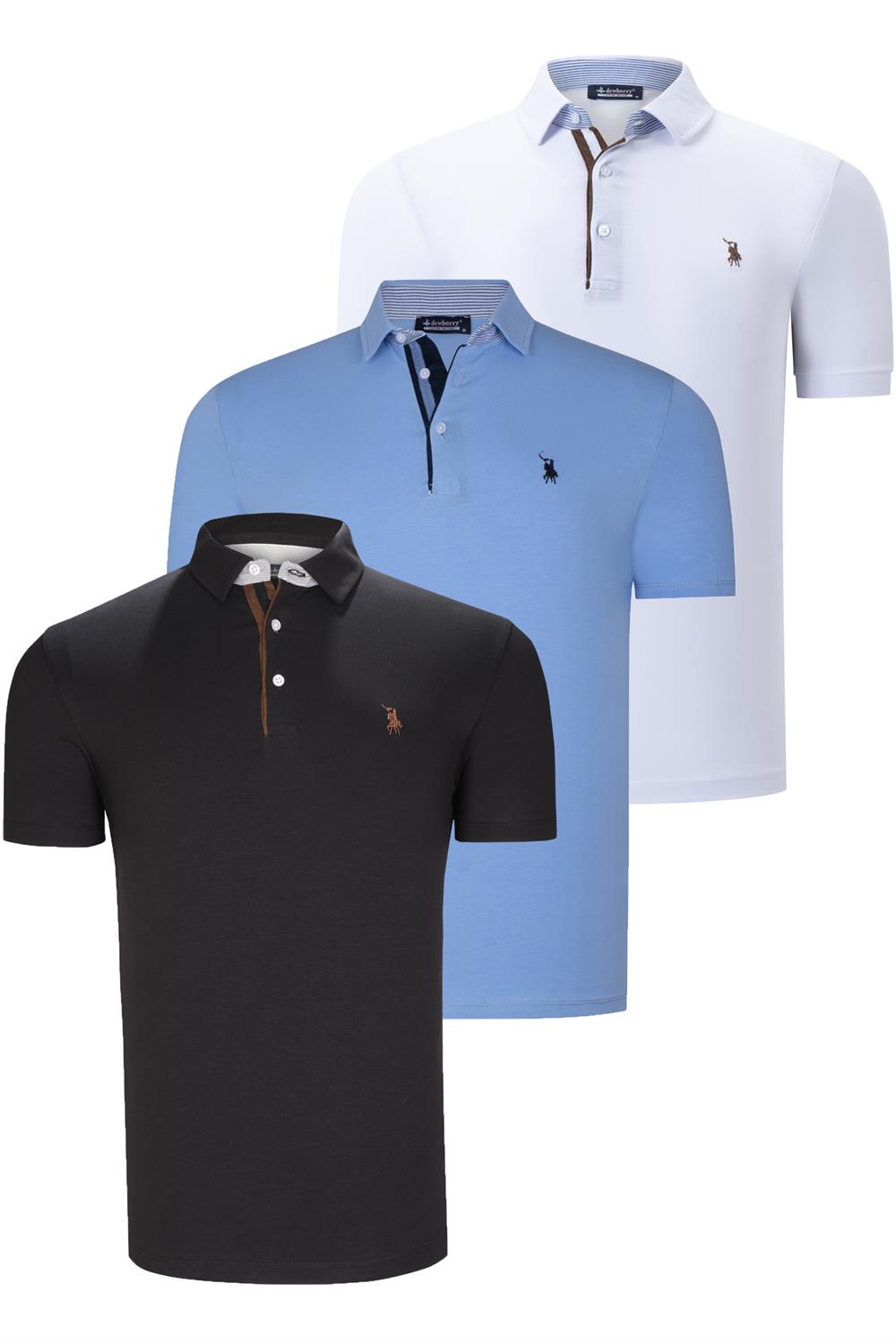ÜÇLÜ SET T8582 DEWBERRY ERKEK T-SHIRT-SİYAH-BEYAZ-AÇIK MAVİ