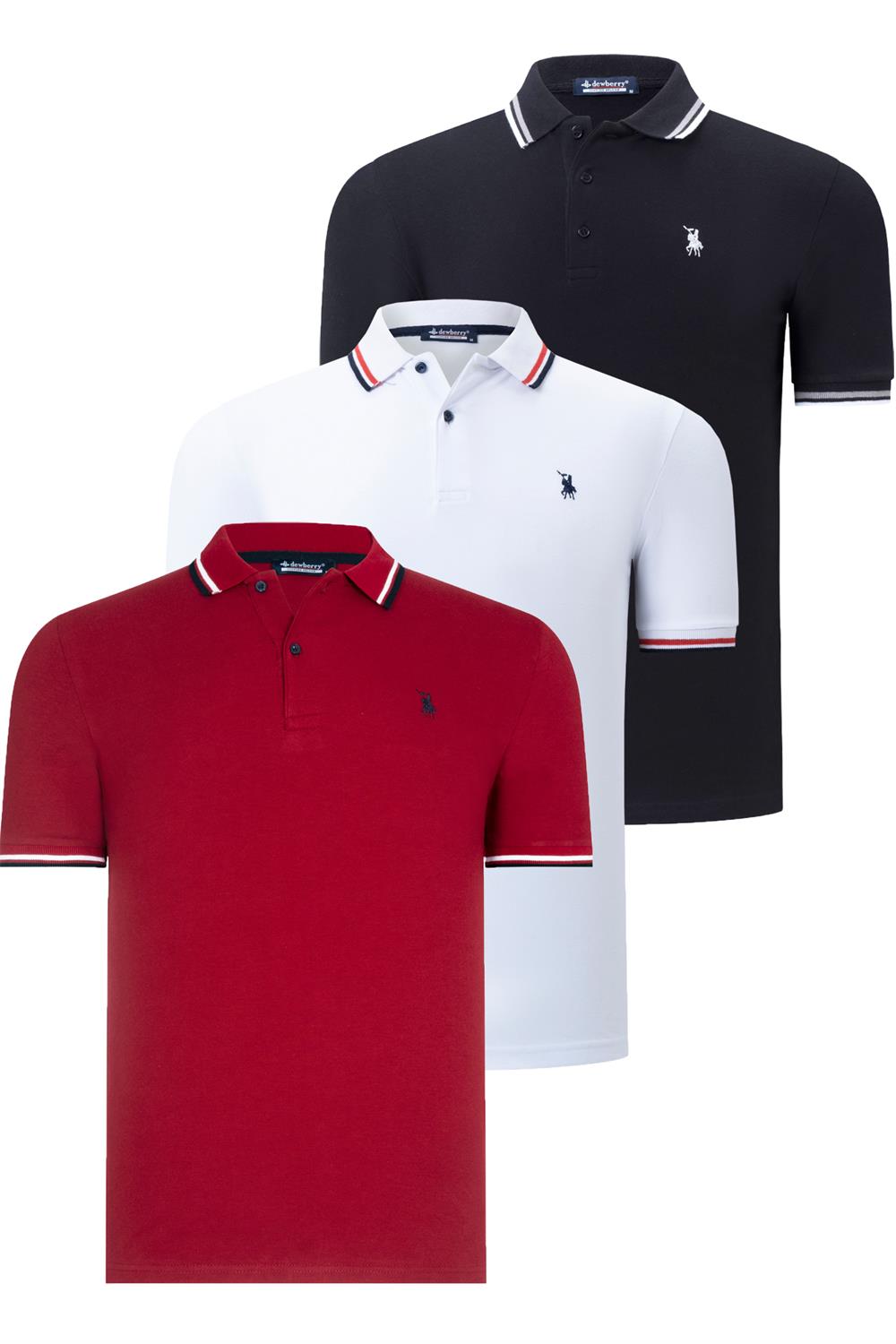 ÜÇLÜ SET T8594 DEWBERRY ERKEK T-SHIRT-SİYAH-BEYAZ-BORDO