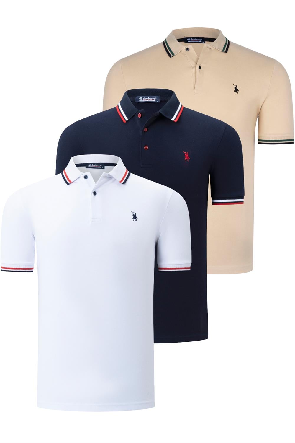 ÜÇLÜ SET T8594 DEWBERRY ERKEK T-SHIRT-LACİVERT-BEYAZ-BEJ