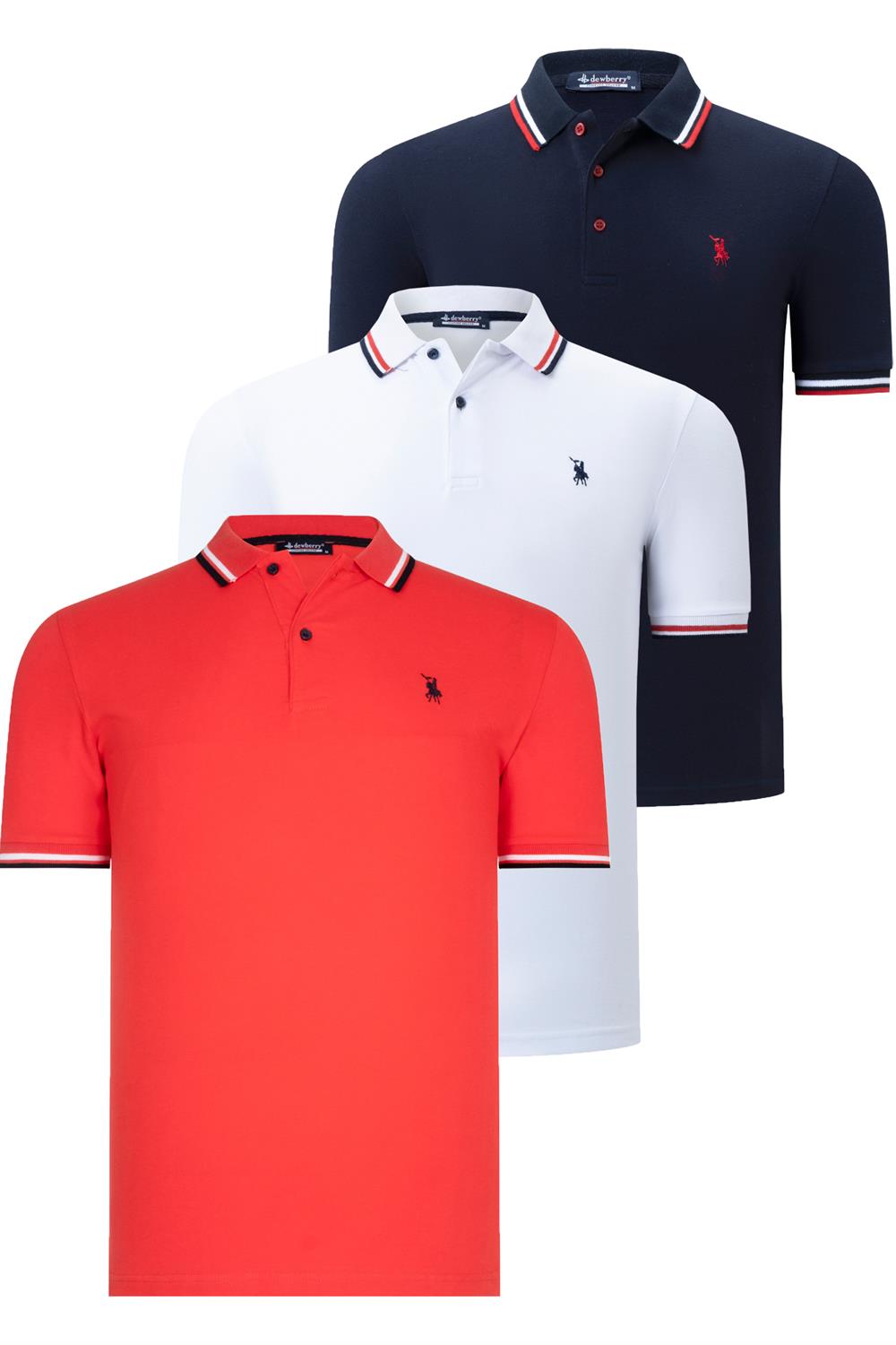 ÜÇLÜ SET T8594 DEWBERRY ERKEK T-SHIRT-LACİVERT-BEYAZ-NAR