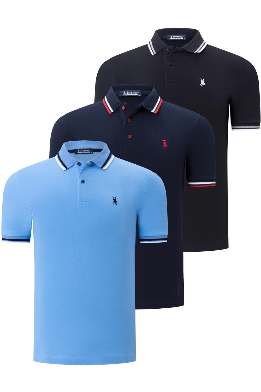 ÜÇLÜ SET T8594 DEWBERRY ERKEK T-SHIRT-SİYAH-LACİVERT-AÇIK MAVİ
