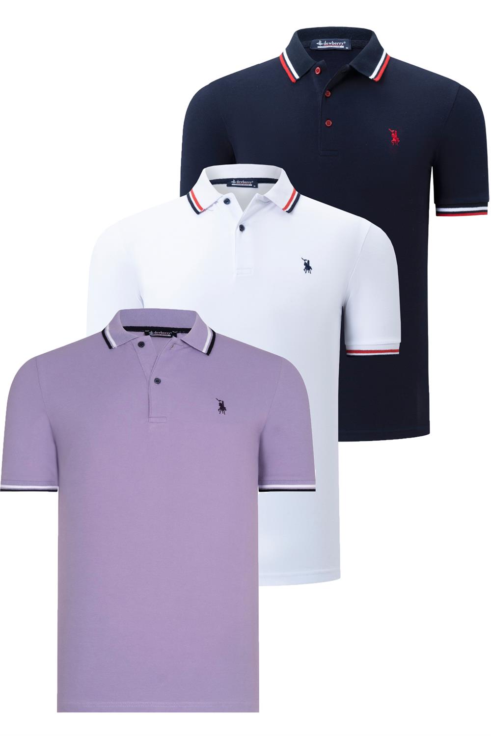 ÜÇLÜ SET T8594 DEWBERRY ERKEK T-SHIRT-LACİVERT-BEYAZ-LİLA