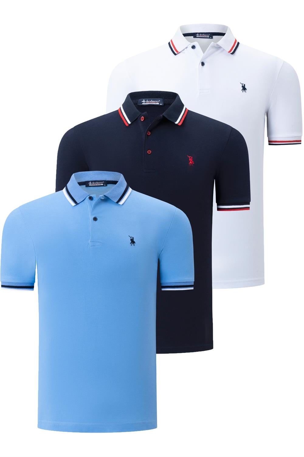 ÜÇLÜ SET T8594 DEWBERRY ERKEK T-SHIRT-LACİVERT-BEYAZ-AÇIK MAVİ