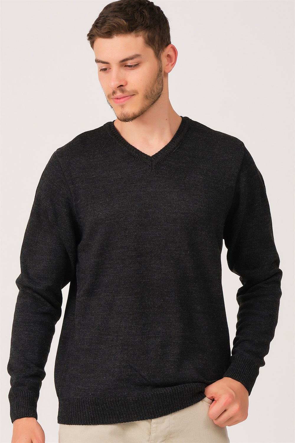 V0036 DEWBERRY ERKEK V-NECK KAZAK-ANTRASİT