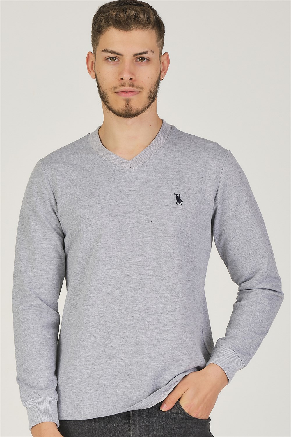 V4002 DEWBERRY V YAKA ERKEK SWEATSHIRT-GRİ