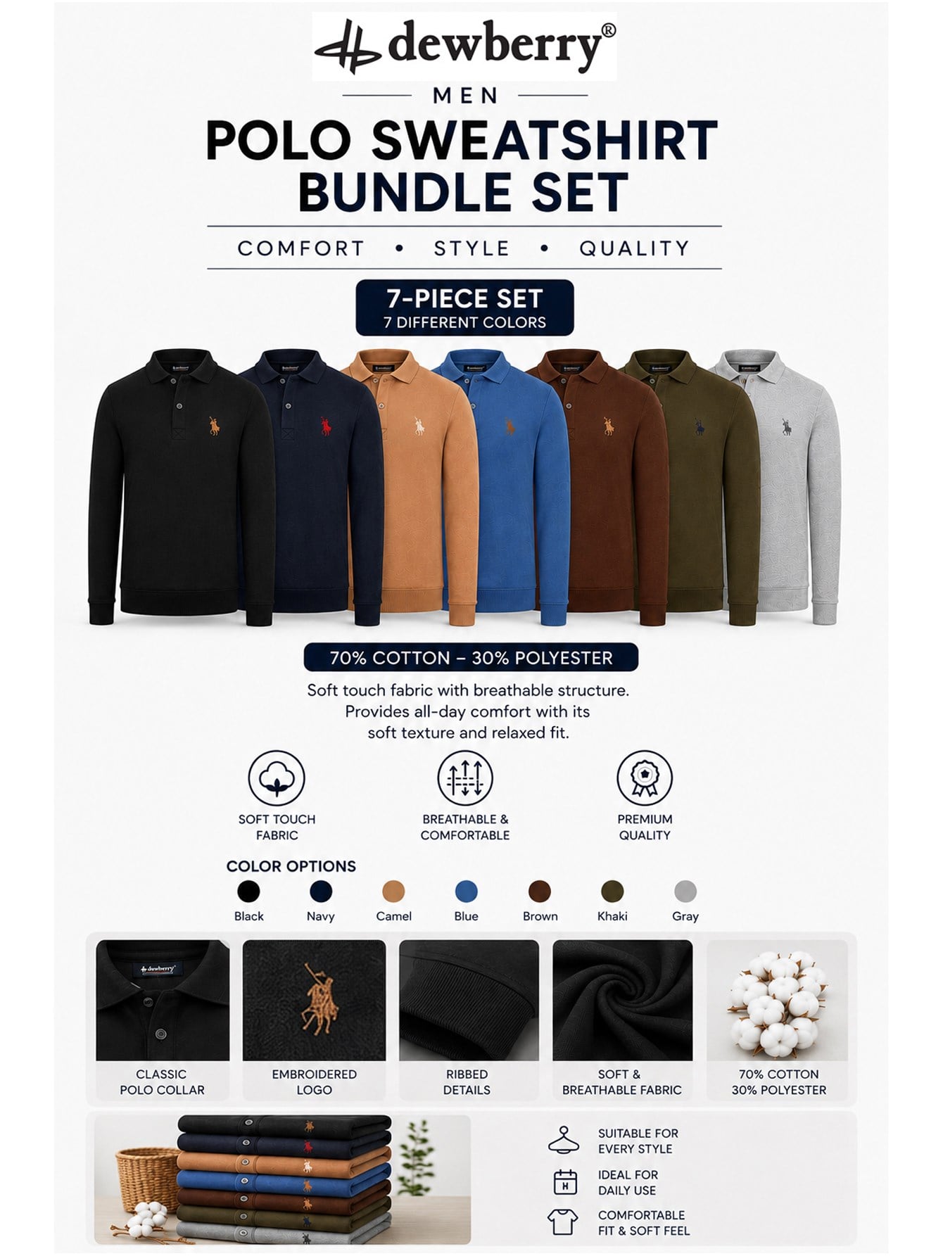 V4007 Dewberry Erkek Polo Yaka Sweatshirt 7 li Set-SİYAH-LACİVERT-HAKİ-GRİ-CAMEL-KAHVE-İNDİGO