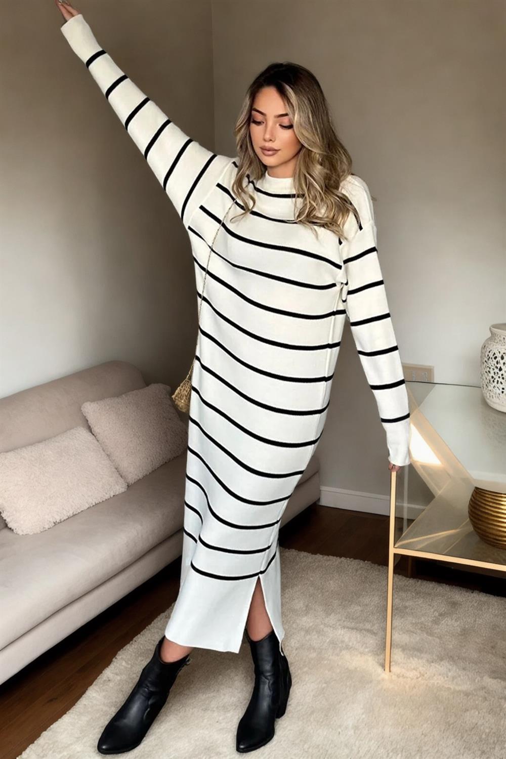 Z3059 Dewberry Womens Striped Long Sleeve Knitwear Dress-BEYAZ