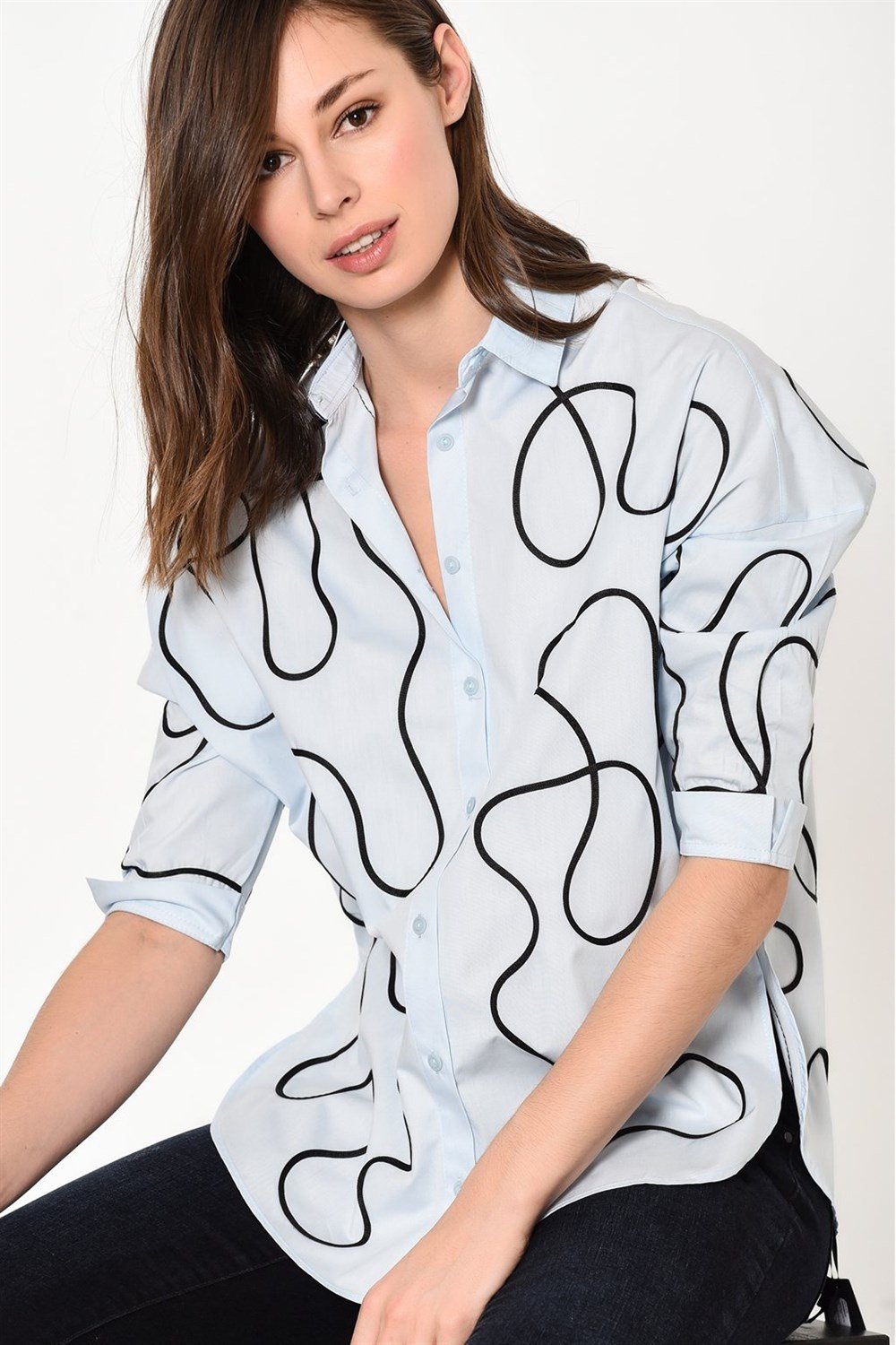 Z6435  DEWBERRY BAYAN GÖMLEK-MAVİ