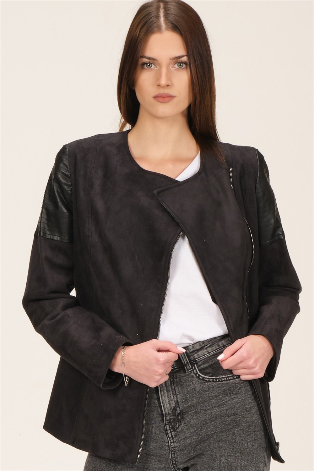 Z6615 DEWBERRY BAYAN DERİLİ SÜET MONT-AÇIK SİYAH