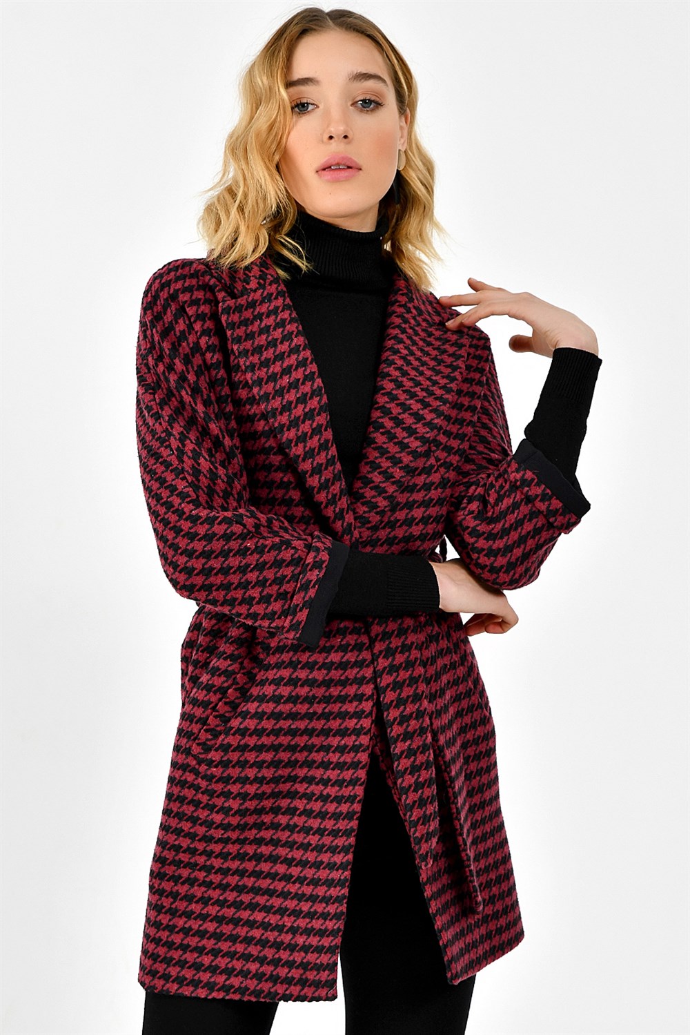 Z6623 DEWBERRY  BAYAN PALTO-BORDO-SİYAH