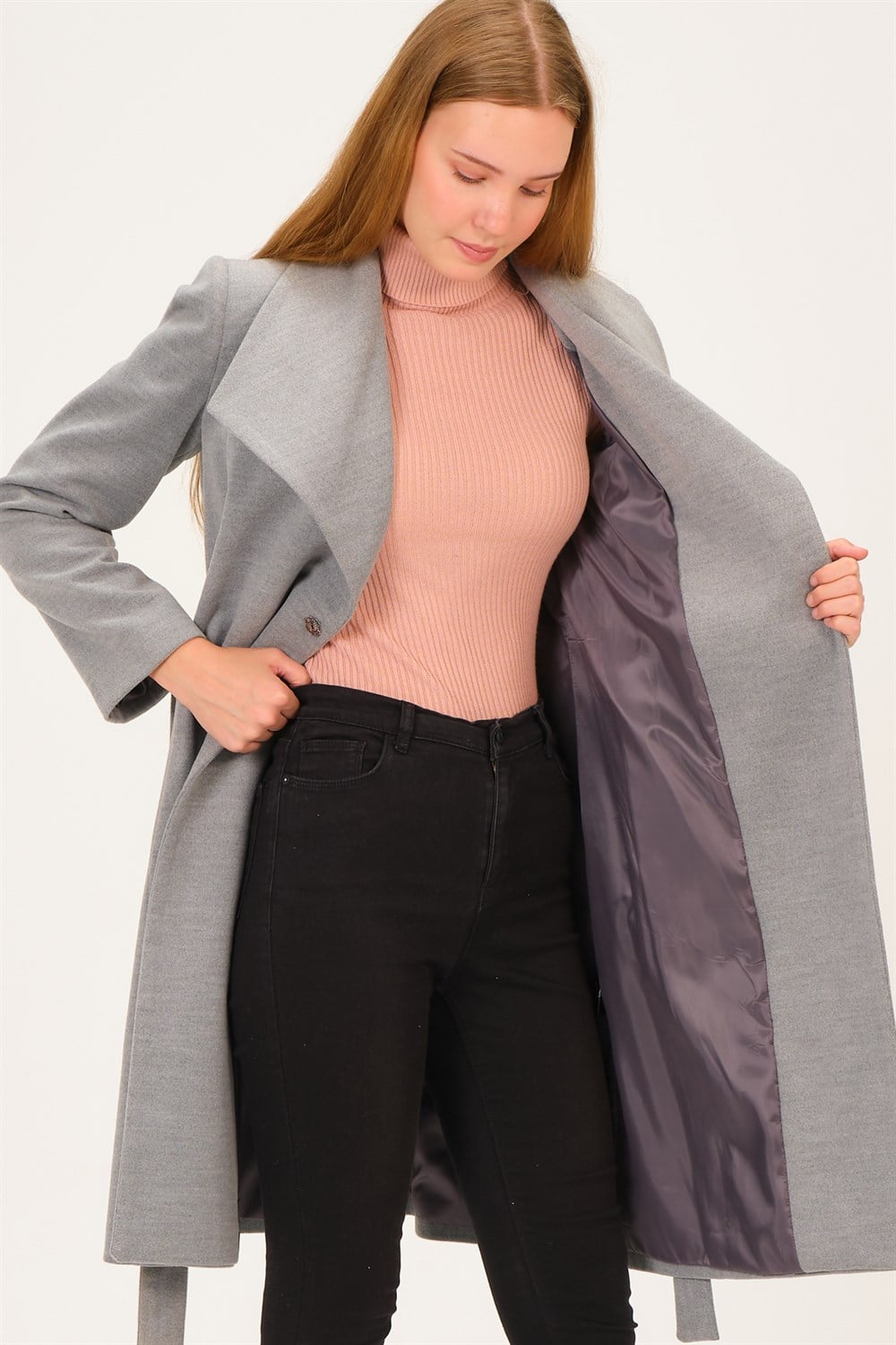 Z6639 DEWBERRY BAYAN PALTO-AÇIK GRİ