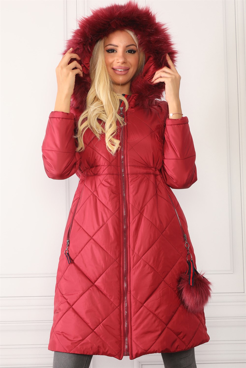 Z6646 DEWBERRYN KÜRKLÜ PONPONLU BAYAN KABAN-BORDO